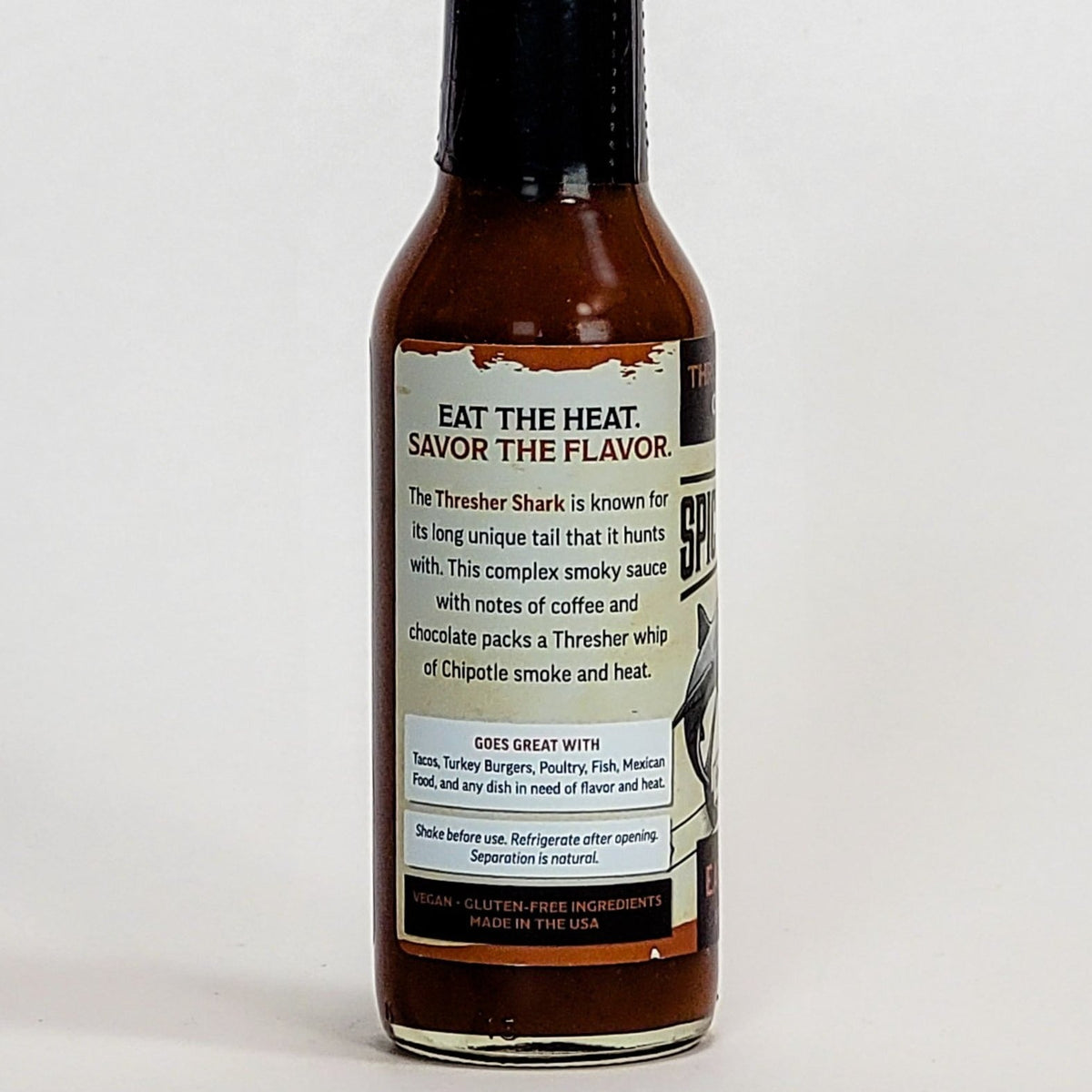 the spicy shark thresher shark chipotle hot sauce label info