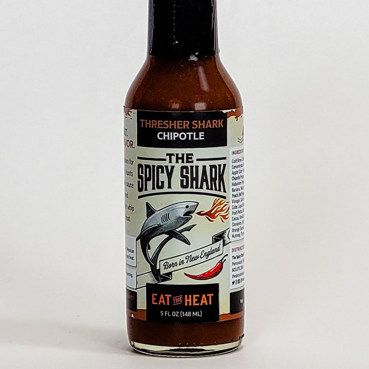the spicy shark thresher shark chipotle hot sauce label