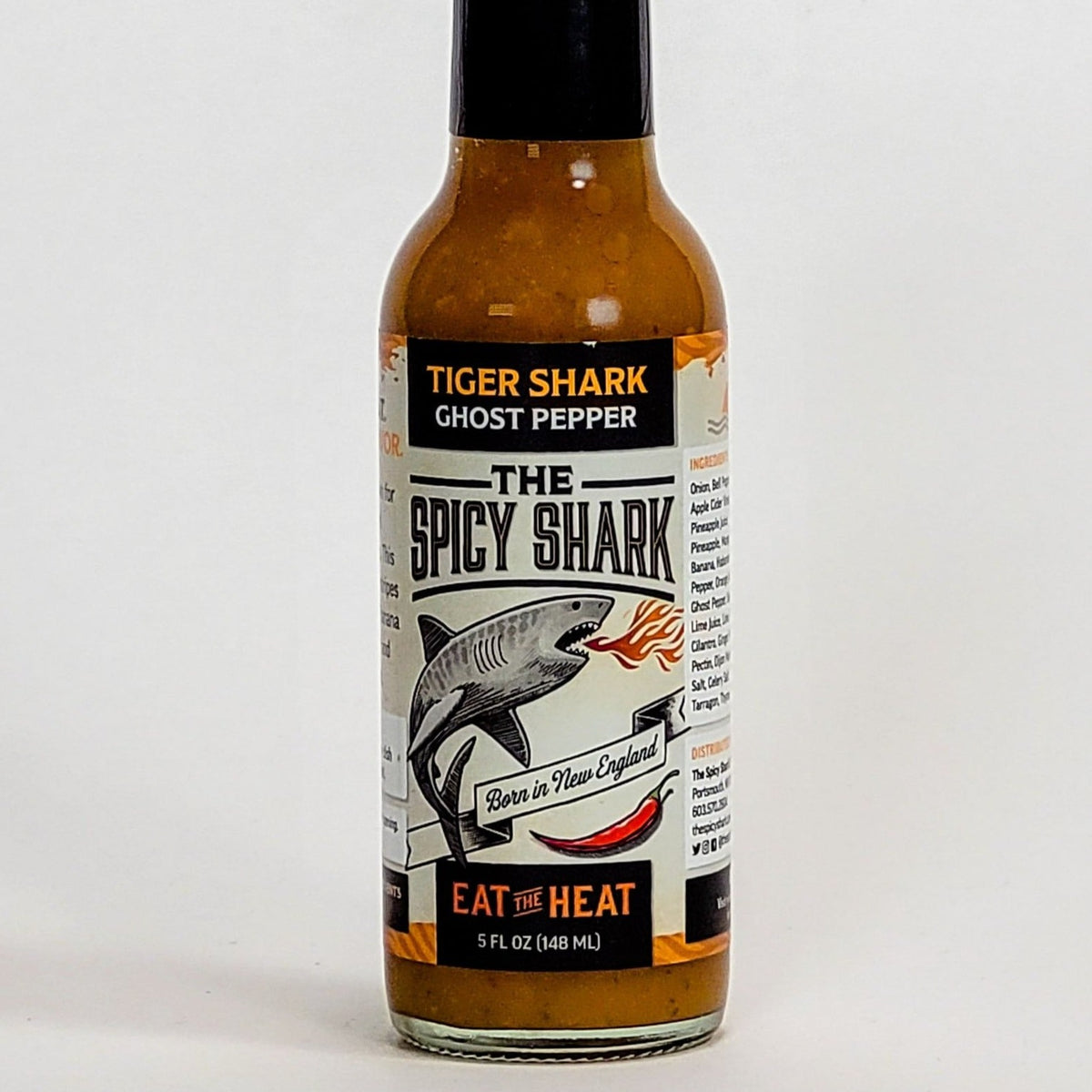 the spicy shark tiger shark ghost pepper hot sauce label